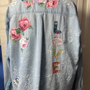 Upcycled plus size denim shirt appliquéd hand painted refashioned boho hippie shabby chic