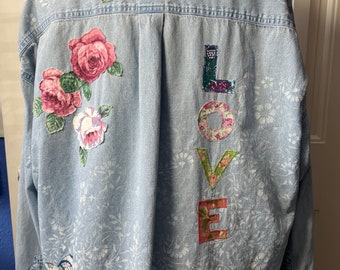 Upcycled plus size denim shirt appliquéd hand painted refashioned boho hippie shabby chic