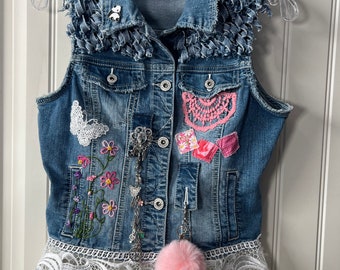 Upcycled denim vest with curly denim fringe boho hippie festival size M UpAndOverFashions