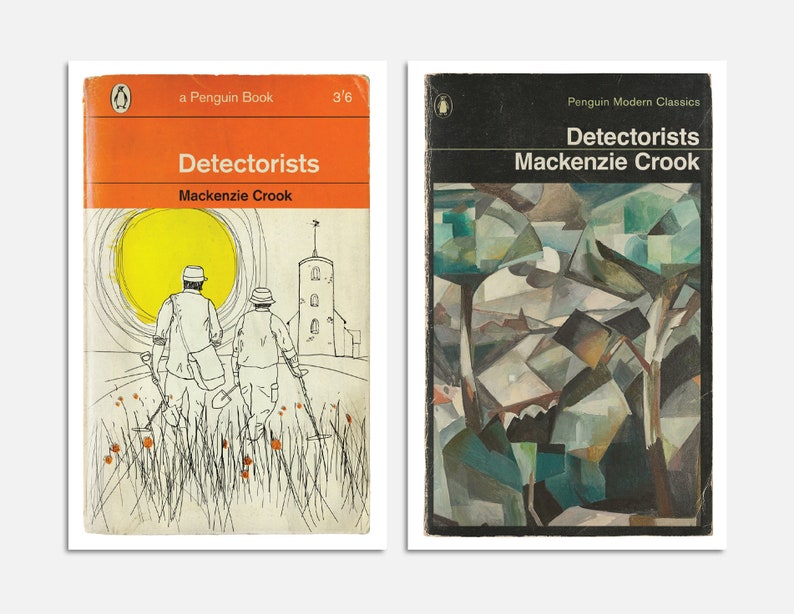 May include: Two Penguin paperback book covers for the novel "Detectorists" by Mackenzie Crook. The first cover features a line drawing of two people walking with metal detectors in a field. The second cover features an abstract painting of a landscape with trees and a church.