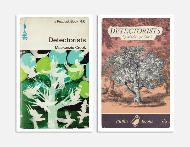 May include: Two book covers with the title "Detectorists" by Mackenzie Crook. The first cover is green with white birds and the text "a Peacock Book 4/6". The second cover is pink with a black and white illustration of a tree and the text "Puffin Books 3/6".