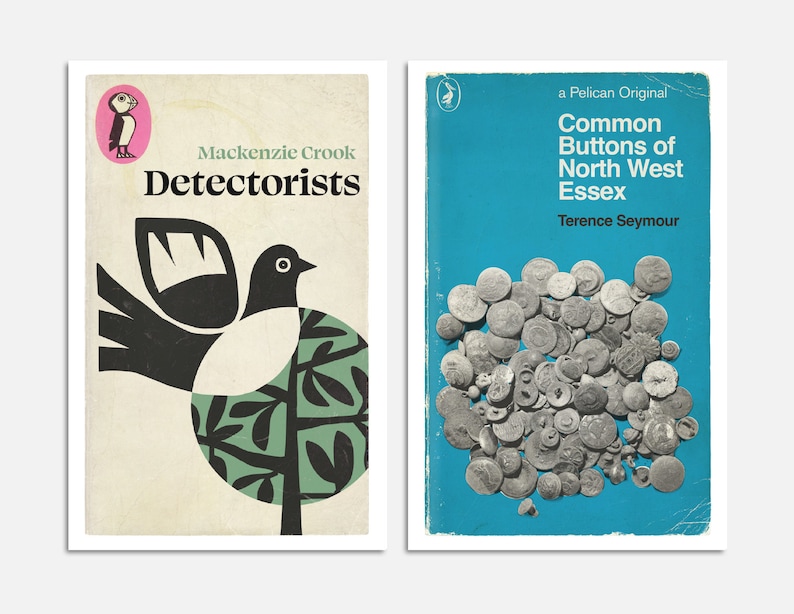 May include: Two vintage book covers. The left cover is a light brown with a black and white illustration of a bird and a green tree. The title is "Detectorists" by Mackenzie Crook. The right cover is a bright blue with a Pelican Original logo and the title "Common Buttons of North West Essex" by Terence Seymour. The cover features a pile of old buttons.