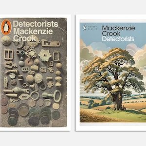 May include: Two book covers with the title "Detectorists" by Mackenzie Crook. The cover on the left features a penguin logo and a collection of metal objects. The cover on the right features a tree in a field with a person sitting under it.
