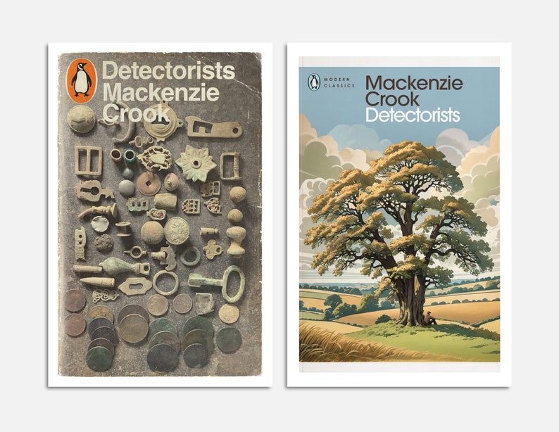 May include: Two book covers with the title "Detectorists" by Mackenzie Crook. The cover on the left features a penguin logo and a collection of metal objects. The cover on the right features a tree in a field with a person sitting under it.