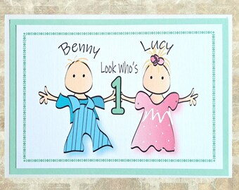 Personalized 1st Birthday Card for Boy and Girl Twins - Cute Sweet Cartoon - Custom Twin Happy Birthday Greeting Card and Matching Envelope