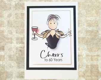 60th Birthday Card - Funny Birthday Card for Her - Personalized Happy Bday Card with Drink -  Fabulous 60 Birthday Card and Envelope Set