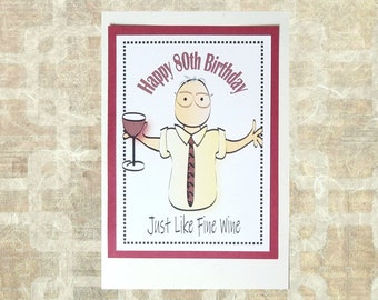 80th Birthday Card for Him - Complimentary 80 Wine Birthday Card for Man - Personalized Male Happy Birthday Drink Card and Envelope Set