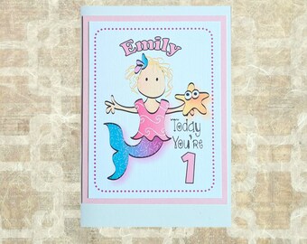 1st Birthday Card for Her - Sweet Mermaid Card First Birthday - Personalized Under the Sea 1st 2nd 3rd Birthday Card and Matching Envelope