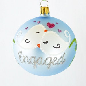 Engagement Ornament Engaged Lovebirds Hand Painted Blown Glass Personalize Newly Engaged Bridal Keepsake Gifts by Viva La Holiday