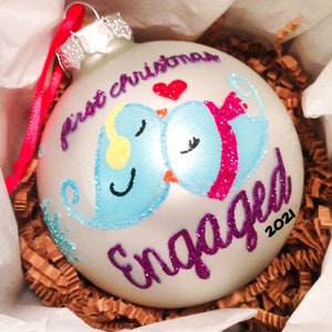 First Christmas Engaged Ornament Lovebirds Hand Painted Blown Glass Personalized Engagement Bridal Keepsake Gifts by Viva La Holiday