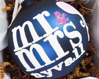 Wedding Ornament Mr Mrs Gift Custom Navy Mouth Blown Glass Personalized Bridal Shower Newlywed Monogram Keepsake Gifts By Viva La Holiday