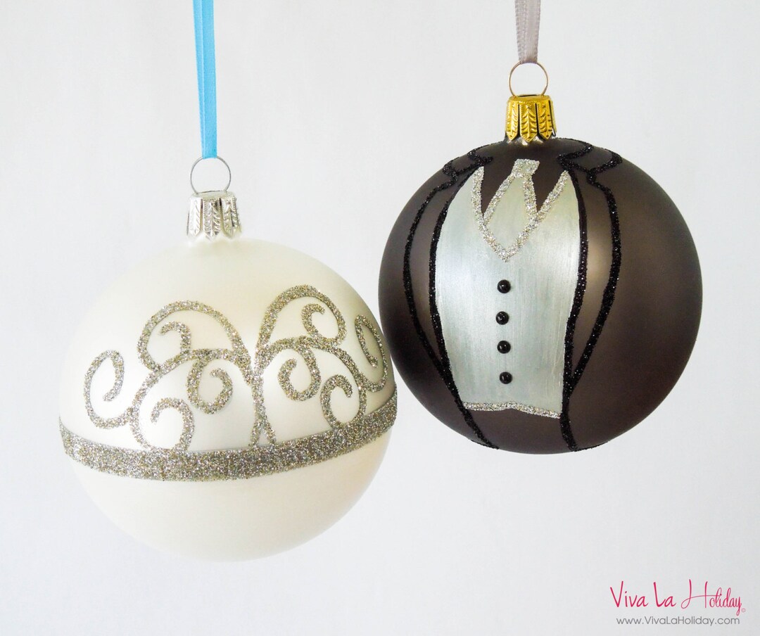 Wedding Gift Ornament Bride Groom Hand Painted Mouth Blown Glass