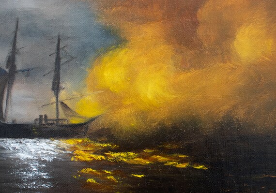 Seascape Ship Painting Sailing Ship at Night Artwork