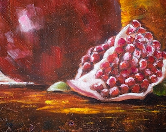 ザクロの油絵：抽象的な静物画フルーツアート、11x14 - Etsy 日本