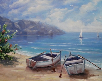 Coastal Seascape Oil Painting: Wooden Boats, Beach Scene Artwork (11x15)