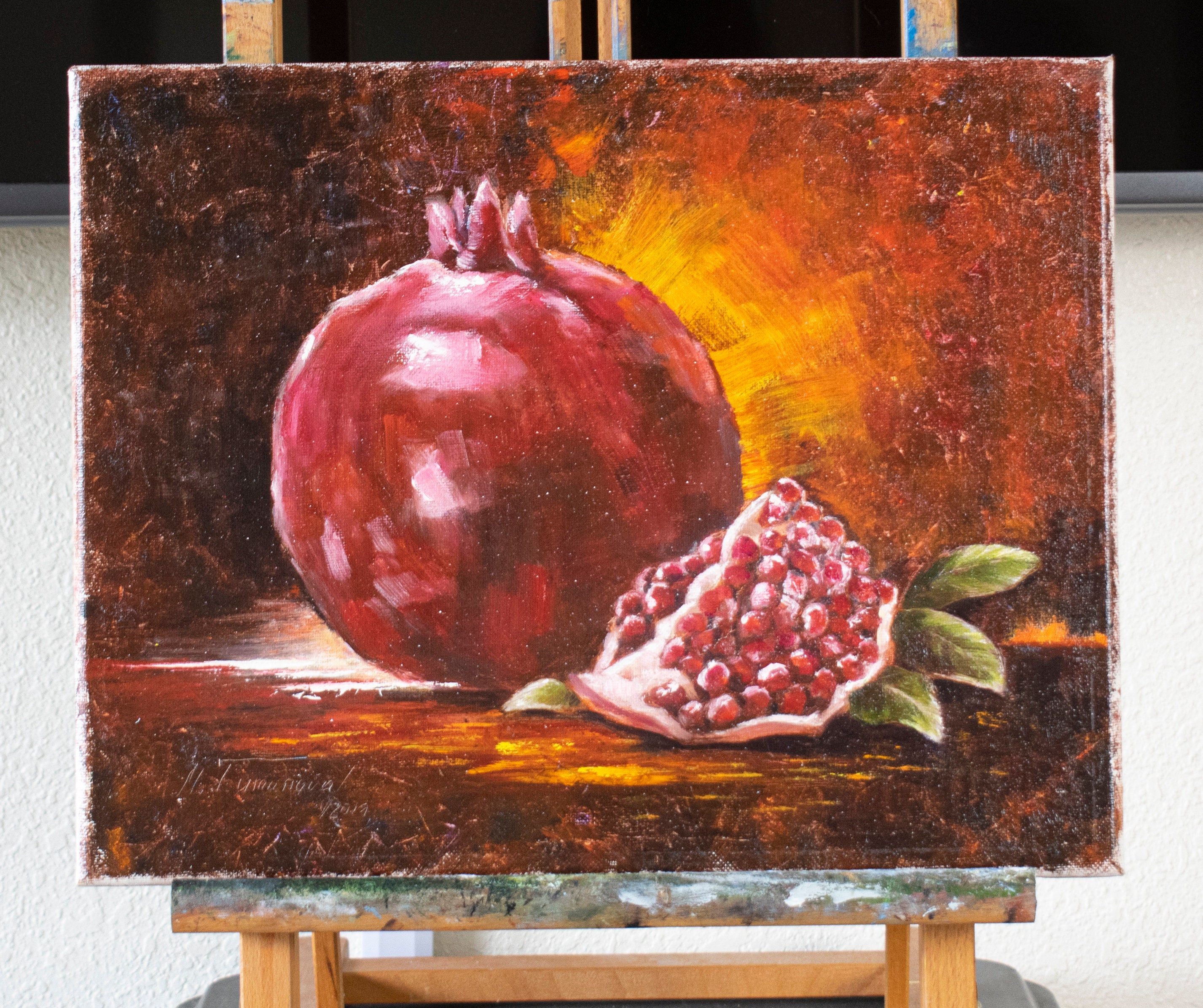 ザクロの油絵：抽象的な静物画フルーツアート、11x14 - Etsy 日本