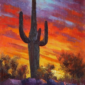 Arizona Cactus Oil Painting, Original Desert Landscape Art, Saguaro Scene Wall Decor, Western Mountain View, Original Artwork 8x10&quot;