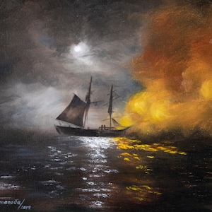 Seascape Ship Painting Sailing Ship at Night Artwork Original Oil Painting by Mariya Tumanova