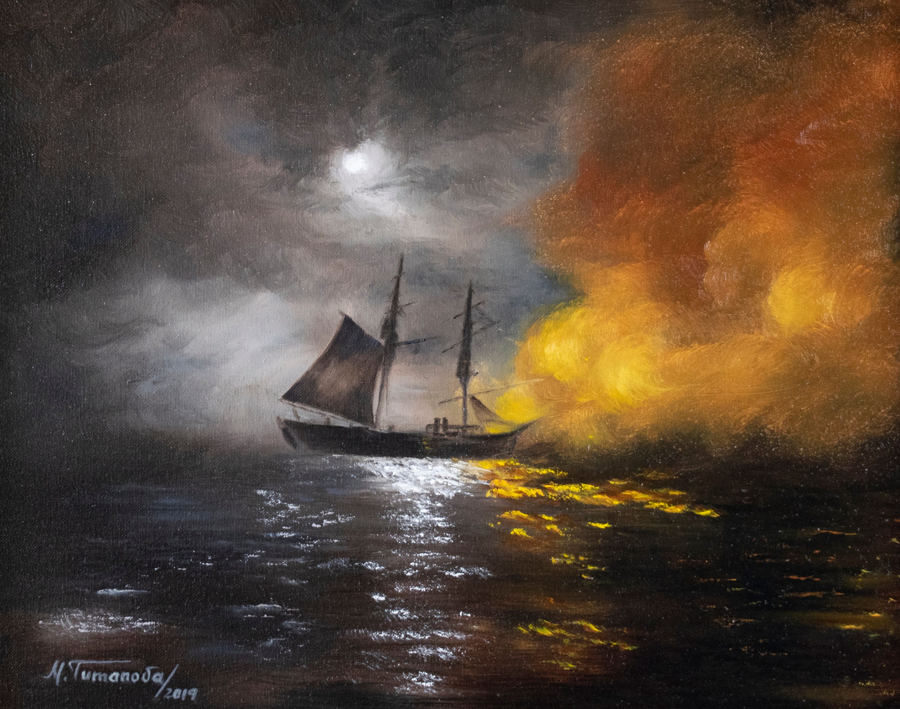 Seascape Ship Painting Sailing Ship at Night Artwork