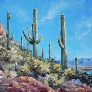 Arizona Cactus Oil Painting, Original Desert Landscape Art, Saguaro Scene Wall Decor, Western Mountain View, Original Artwork 8x10&quot;