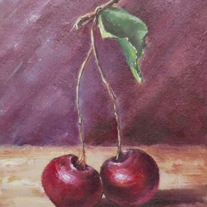 Cherry Oil Painting Fruit Small Artwork Still Life Painting Kitchen Art Decor Fruits Lover Gift Original Oil Painting by Mariya Tumanova