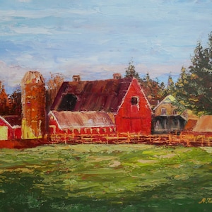 Rote Scheune Malerei Bauernhof Scheune Kunst Sommer Landschaft Malerei Natur Liebhaber Geschenk Original Öl Kunstwerk von Mariya Tumanova