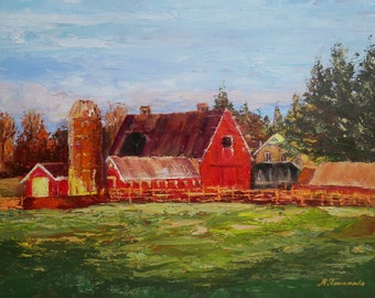 Red Barn Oil Painting: Impressionist Farm Landscape Art