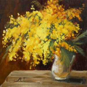 Flowers Oil Painting Mimosas Artwork Kitchen Art Decor Flower Lover Gift Still Life Painting Small Artwork Oil Painting by Mariya Tumanova