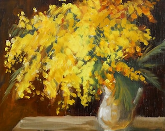 Flowers Oil Painting Mimosas Artwork Kitchen Art Decor Flower Lover Gift Still Life Painting Small Artwork Oil Painting by Mariya Tumanova