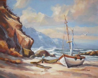 Coastal Fisherman Boat Oil Painting: Framed Ocean Shore Scene