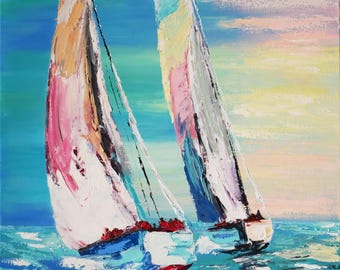 Seascape Oil Painting: Colorful Sailboats, Textured Turquoise Ocean, 18x24