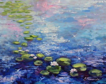 Water Lily Pond Oil Painting, Impressionist Floral Artwork, Monet Inspired Canvas