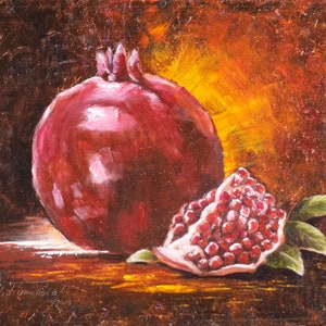 Pomegranate Oil Painting Fruit Wall Art Still Life Painting Red Pomegranate Art Fruits Lover Gift Original Oil Painting by Mariya Tumanova