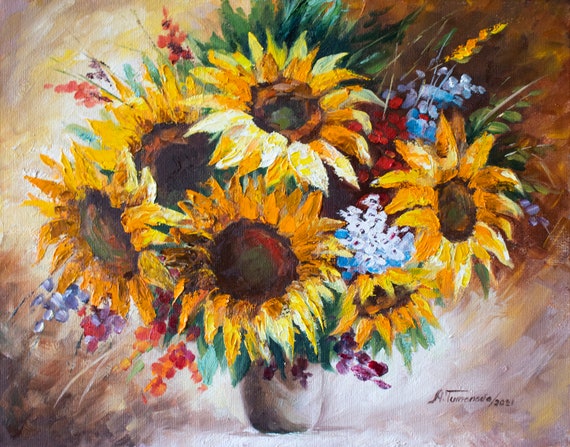Sunflower Oil Painting: Floral Still Life, Abstract Wall Decor, 11x14"