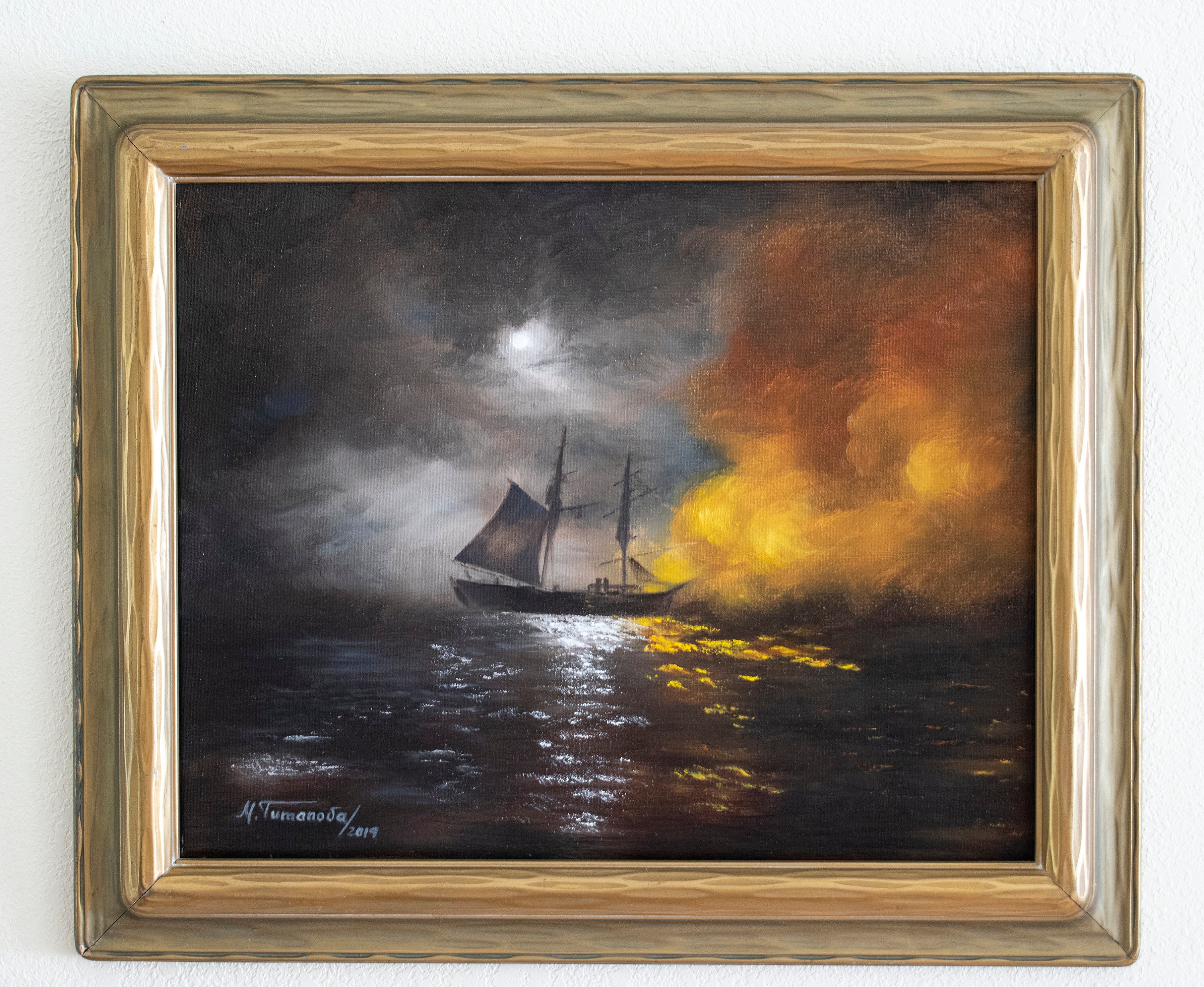 Seascape Ship Painting Sailing Ship at Night Artwork