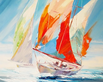 Original Seascape Oil Painting: Colorful Sailboat Art, Nautical Decor (18x24")
