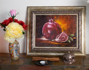 ザクロの油絵：抽象的な静物画フルーツアート、11x14 - Etsy 日本