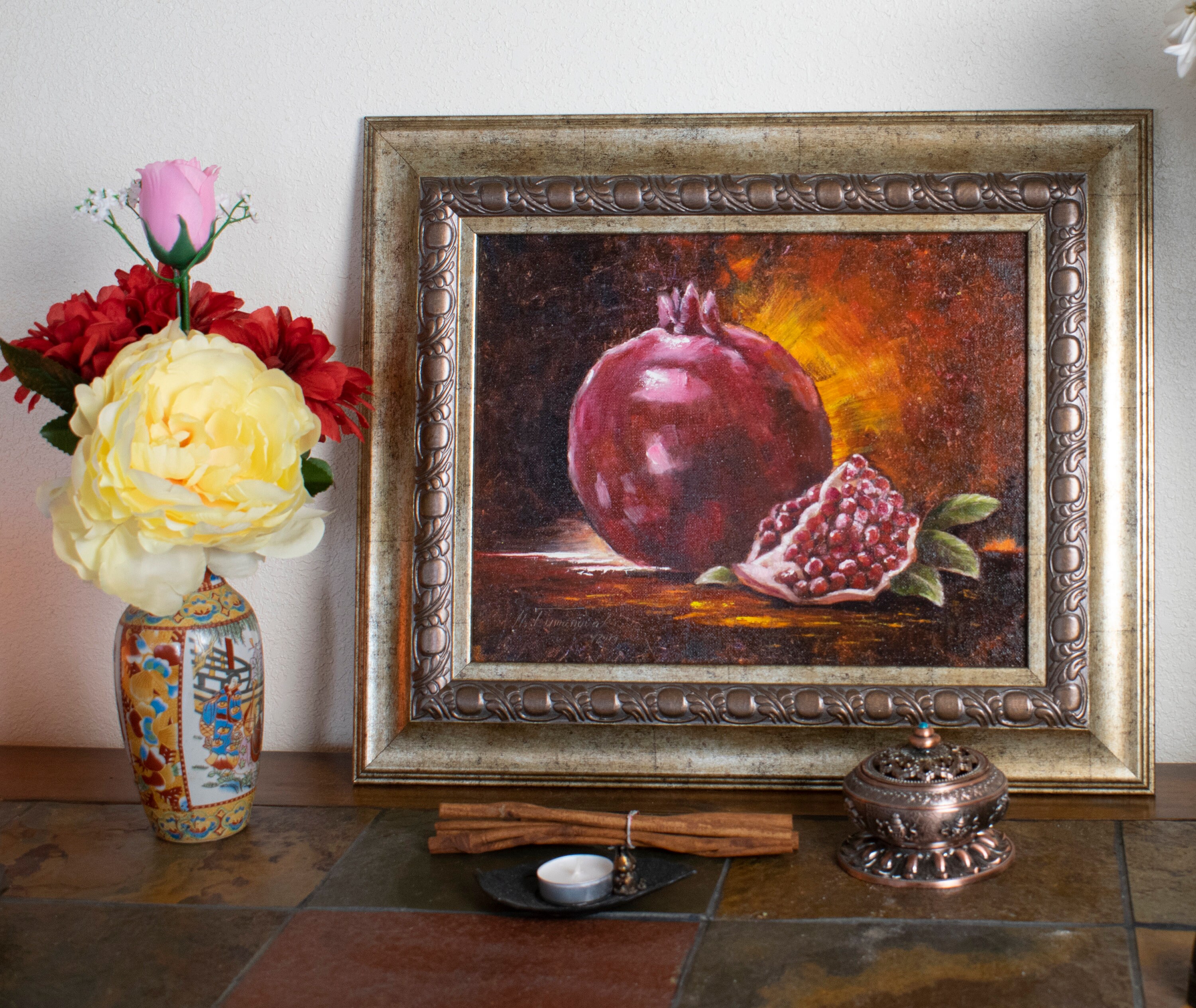 ザクロの油絵：抽象的な静物画フルーツアート、11x14 - Etsy 日本