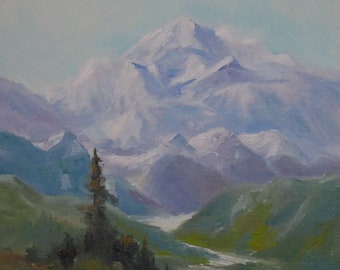 山の風景油絵、夏の花の風景の美術、カロライナ山脈のパノラマ