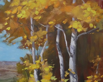 May include: An oil painting depicting a cluster of birch trees with white bark and vibrant yellow autumn leaves. The scene features thick, textured brushstrokes, a soft blue sky in the upper left corner, and a dark, shadowed forest background.