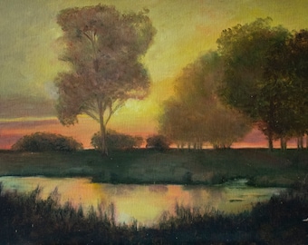 Oljemålning med solnedgångsdamm: Tonalistisk landskapsväggkonst (12x24)