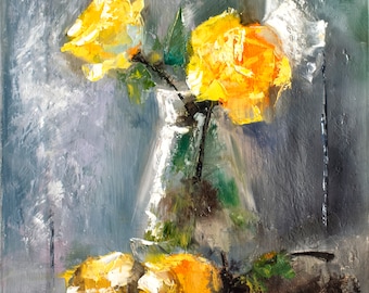 Yellow Roses Painting Vintage Roses Art Botanical Wall Art Still Life Painting Lovely Flowers Art Original Oil Painting by Mariya Tumanova