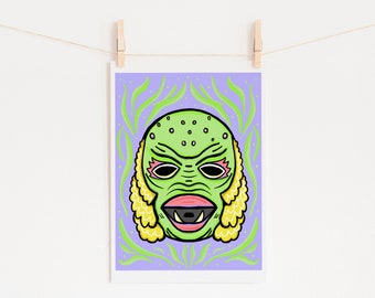 Creature from Black Lagoon. Universal Monster Art. Kitschy Wall Art. Colorful Digital Print. Vintage Halloween Illustration. Quirky Gift.