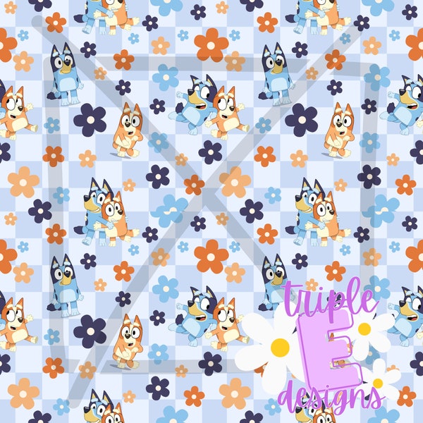 Blue dog checkered floral seamless pattern, blue and orange dog pattern, cartoon dog file, sibling dog png file