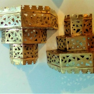 Vintage Moroccan brass sconce lights, middle eastern craft, Christmas, Golden Jubilee, Diwali 2. Step lamp pair