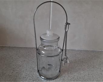 Vintage pickle pickle jar and fork, sand blasted glass, silver holder