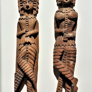 Antique Indian wood carving, Hindu altar figure, Indian goddess, Ethnic handicraft