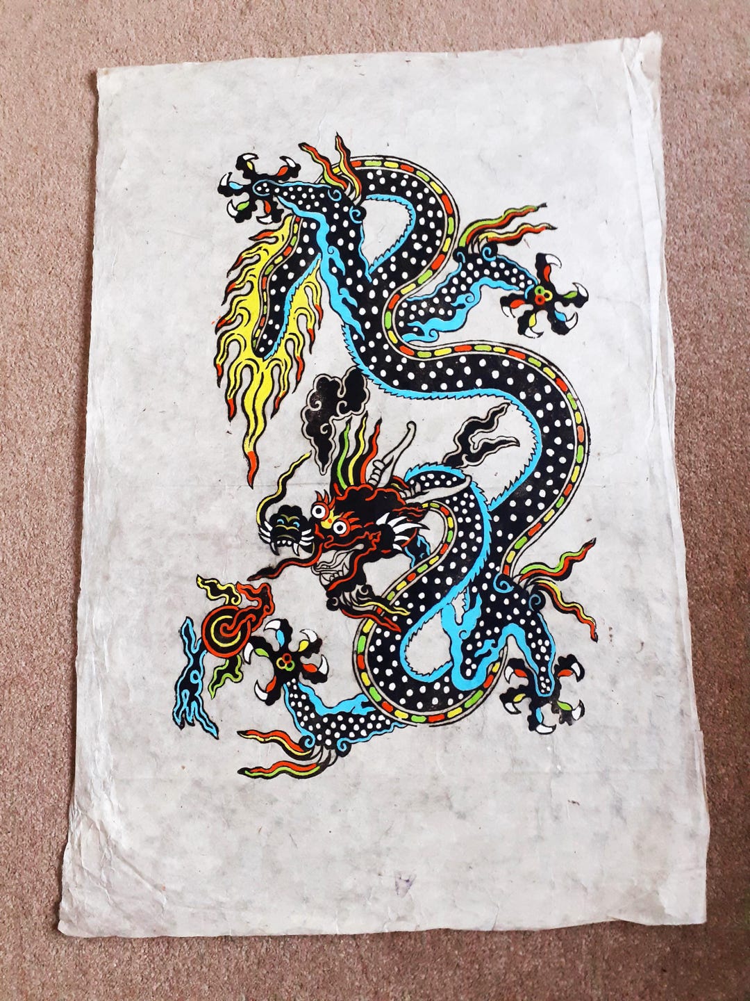 Vintage Tibetan Art on Rice Paper, Dragon Buddhist Symbol, Nepalese ...