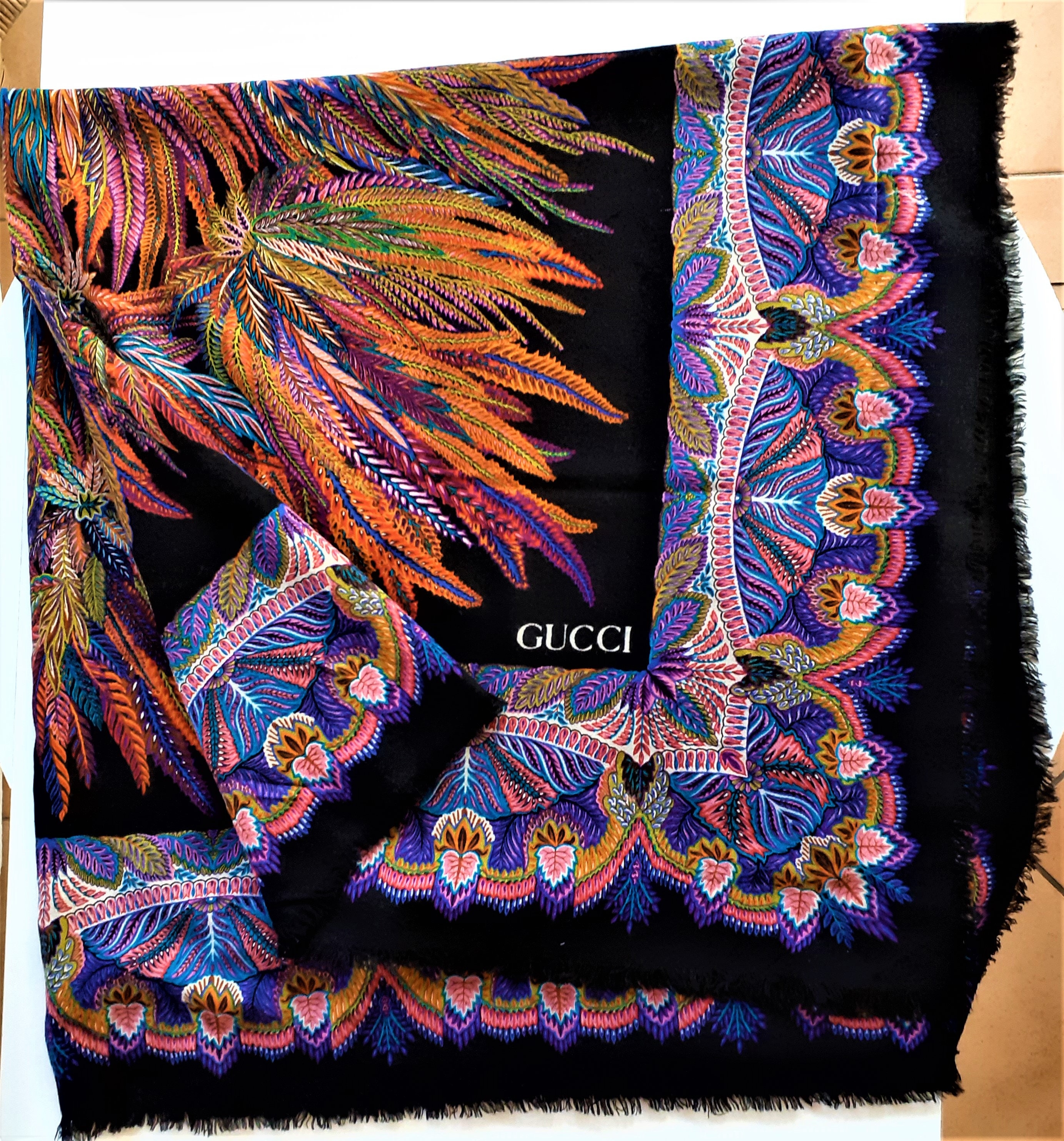 Vintage Gucci Shawl, Rare Woollen Stole, 1980s Gucci Wrap