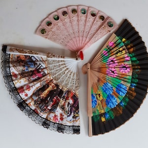 Vintage hand fans from the 1960s, lady's vanity folding fan, hand-painted hand fan